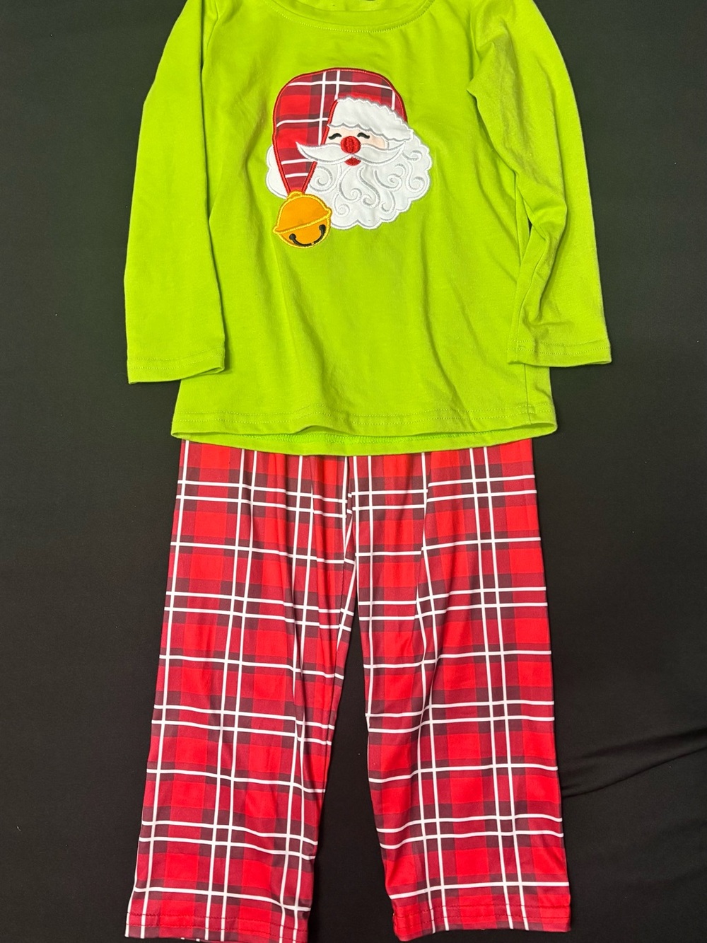 Kids Christmas Santa Set - Green Top & Red Plaid Pants